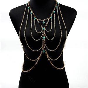Luxury Belly Waist Body Chain Beach Bikini Punk Harness Slave Halter Necklace - Blue