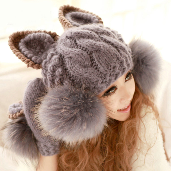 Luxury Big Fur Ball Cat Ears Knitted Wool Beanies Caps Winter Warm Devil Horns Hats - Gray