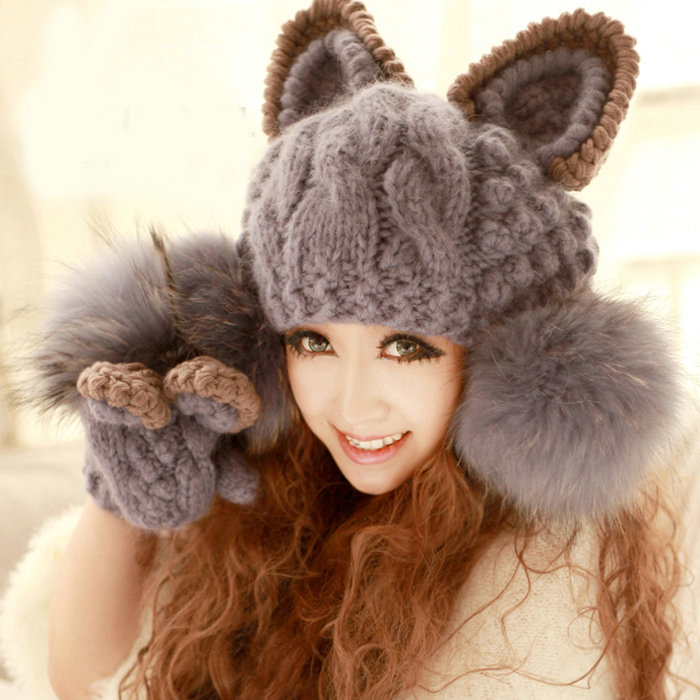 Luxury Big Fur Ball Cat Ears Knitted Wool Beanies Caps Winter Warm Devil Horns Hats - Gray