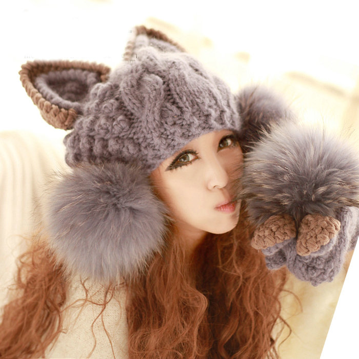 Luxury Big Fur Ball Cat Ears Knitted Wool Beanies Caps Winter Warm Devil Horns Hats - Gray