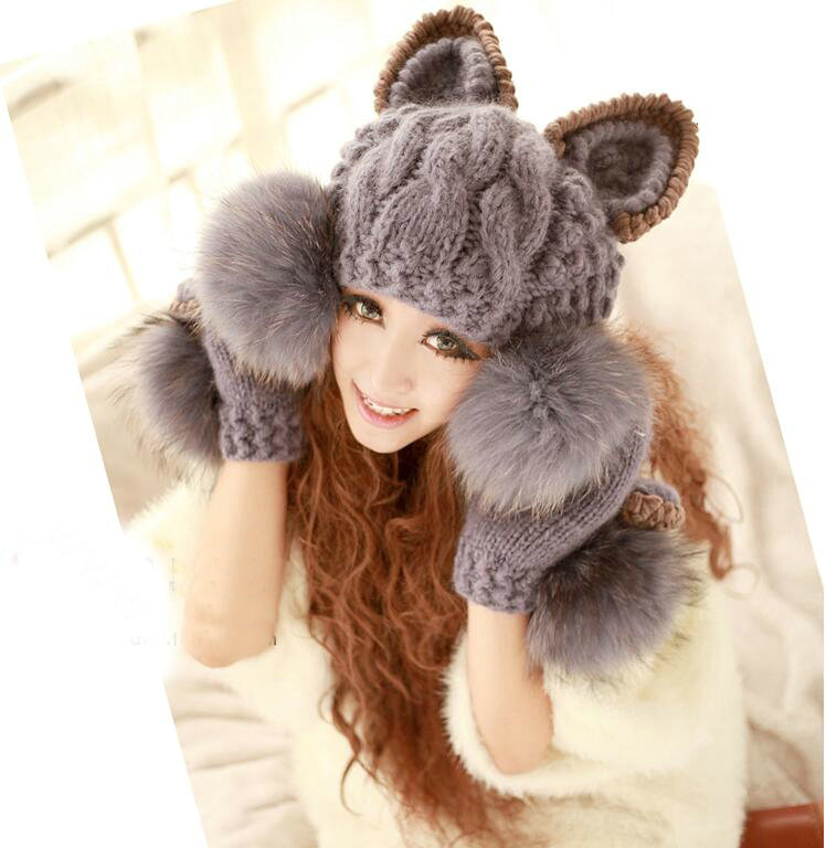 Luxury Big Fur Ball Cat Ears Knitted Wool Beanies Caps Winter Warm Devil Horns Hats - Gray
