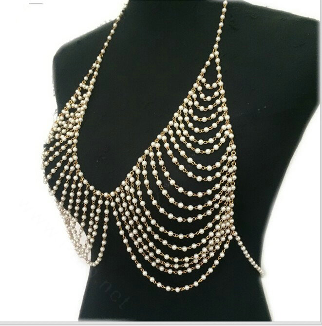 Luxury Bra Body Chain Beach Bikini Decro Pearl Pendant Necklace Jewelry - Sliver