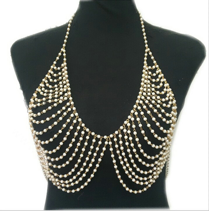 Luxury Bra Body Chain Beach Bikini Decro Pearl Pendant Necklace Jewelry - Sliver