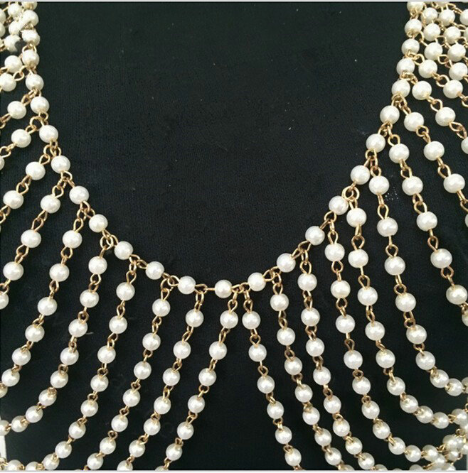 Luxury Bra Body Chain Beach Bikini Decro Pearl Pendant Necklace Jewelry - Sliver