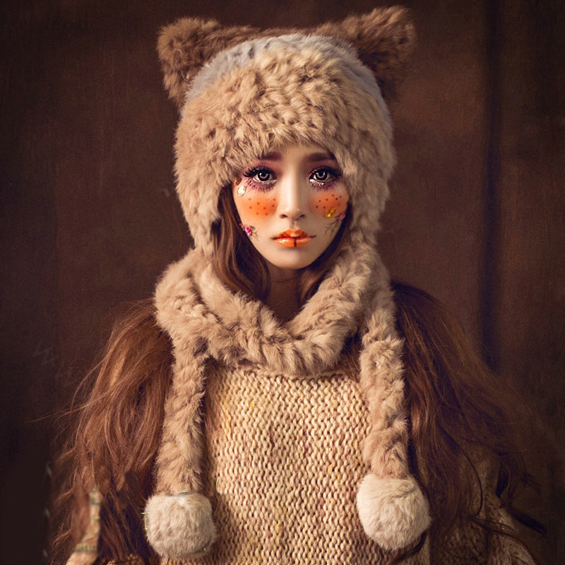 Luxury Cat Ears Knitted Wool Caps Hats Women Long Rabbit Fur Ball Hooded Scarf - Camel