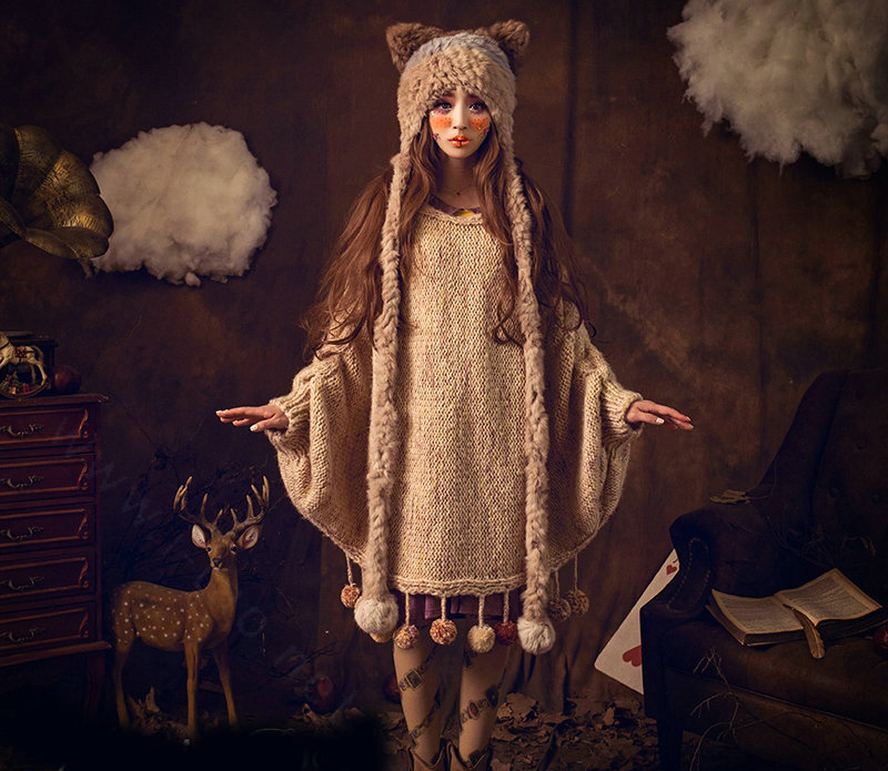 Luxury Cat Ears Knitted Wool Caps Hats Women Long Rabbit Fur Ball Hooded Scarf - Camel