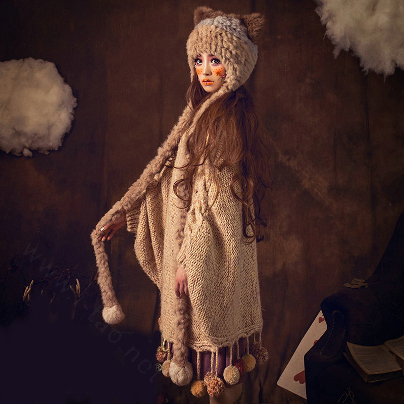Luxury Cat Ears Knitted Wool Caps Hats Women Long Rabbit Fur Ball Hooded Scarf - Camel