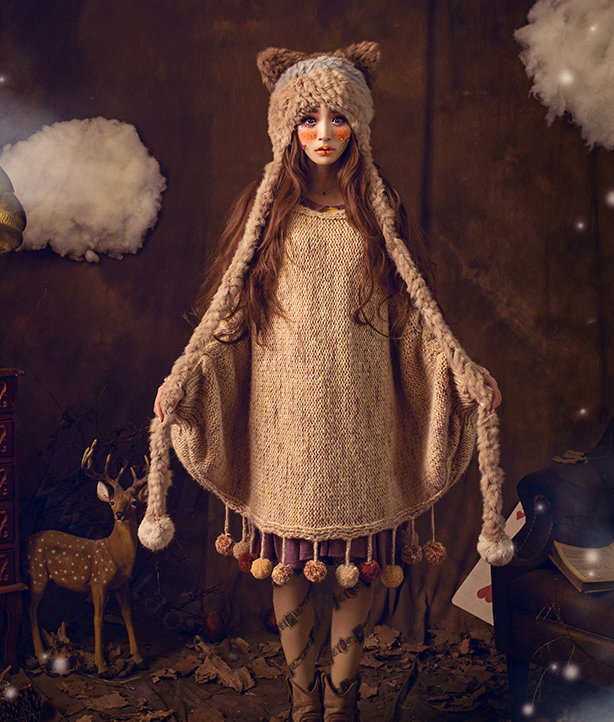 Luxury Cat Ears Knitted Wool Caps Hats Women Long Rabbit Fur Ball Hooded Scarf - Camel