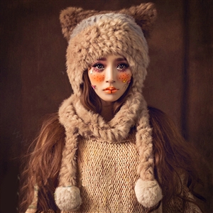 Luxury Cat Ears Knitted Wool Caps Hats Women Long Rabbit Fur Ball Hooded Scarf - Camel