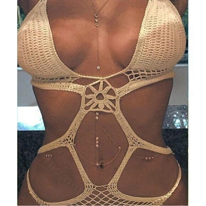 Luxury Crystal Body Chains Harness Bikini Beach Dress Decro Necklace Jewelry - Gold