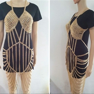 Luxury Full Body Chain Nightclub Showgirl Sexy Halter Bra Lingerie Long Necklace Jewelry - Sliver