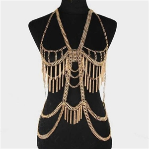 Luxury Full Body Chains Long Tassel Metal V Necklaces Nightclub Showgirl Jewelry - Gold