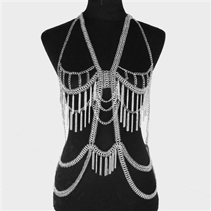 Luxury Full Body Chains Long Tassel Metal V Necklaces Nightclub Showgirl Jewelry - Sliver