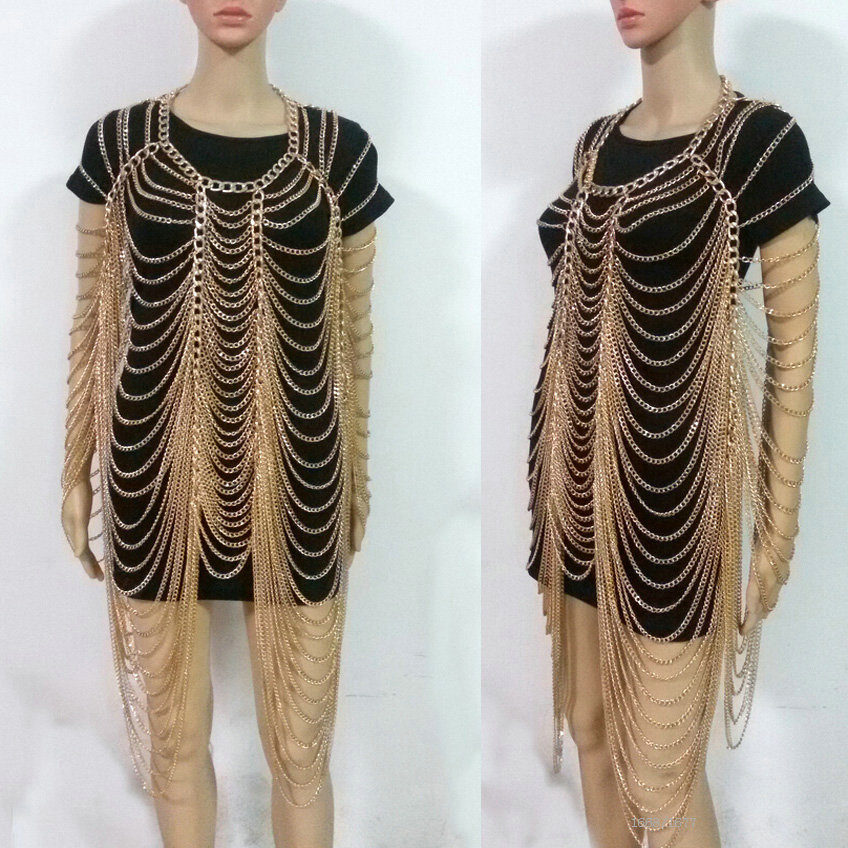 Luxury Multilayer Full Body Chain Nightclub Showgirl Tassel Long Shoulder Necklace Jewelry - Gun black