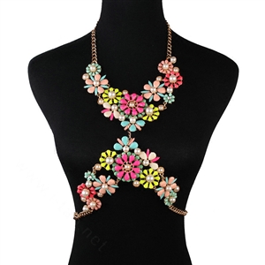 Luxury Pearls Flower Pendant Bib Necklace Bikini Beach Dress Decro Body Chain Jewelry - Multicolour