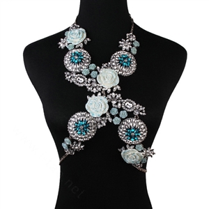 Luxury Rhinestone Flower Pendant Bib Necklace Bikini Beach Dress Decro Body Chain Jewelry - Blue