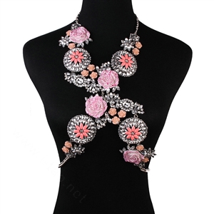 Luxury Rhinestone Flower Pendant Bib Necklace Bikini Beach Dress Decro Body Chain Jewelry - Pink