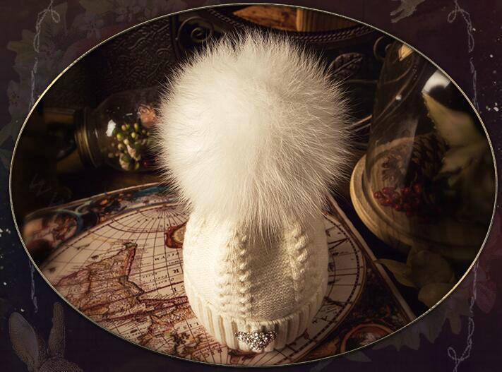 Luxury Women Diamond Crown Knitted Wool Hats Winter Large Fox Fur Pom Poms Caps - Beige