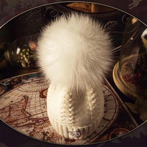 Luxury Women Diamond Crown Knitted Wool Hats Winter Large Fox Fur Pom Poms Caps - Beige