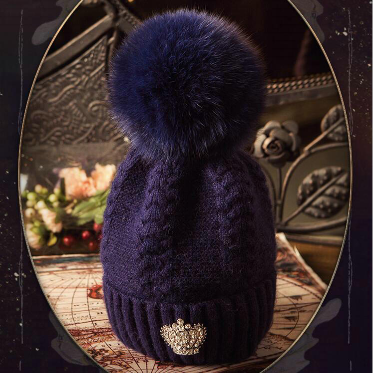 Luxury Women Diamond Crown Knitted Wool Hats Winter Large Fox Fur Pom Poms Caps - Blue