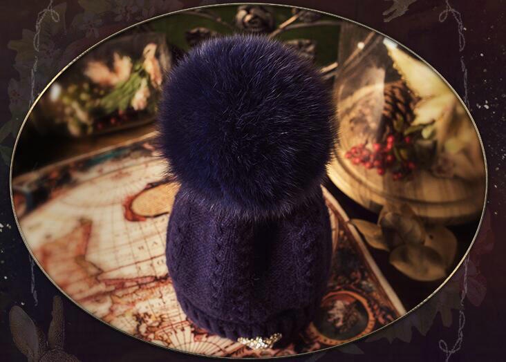 Luxury Women Diamond Crown Knitted Wool Hats Winter Large Fox Fur Pom Poms Caps - Blue
