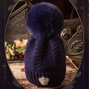 Luxury Women Diamond Crown Knitted Wool Hats Winter Large Fox Fur Pom Poms Caps - Blue