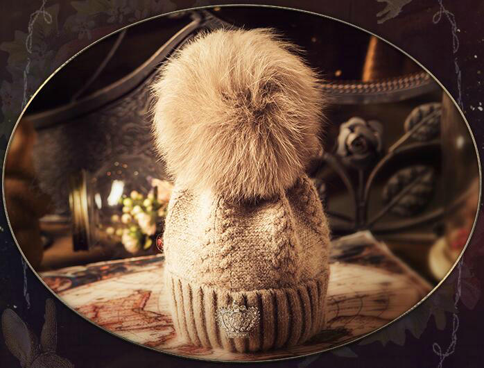 Luxury Women Diamond Crown Knitted Wool Hats Winter Large Fox Fur Pom Poms Caps - Camel