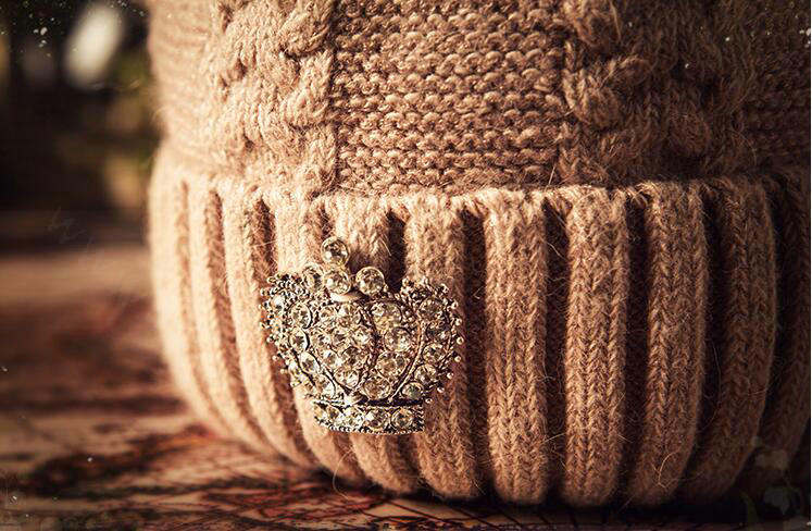 Luxury Women Diamond Crown Knitted Wool Hats Winter Large Fox Fur Pom Poms Caps - Camel