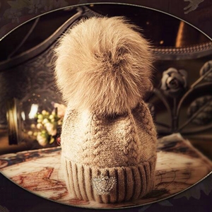 Luxury Women Diamond Crown Knitted Wool Hats Winter Large Fox Fur Pom Poms Caps - Camel