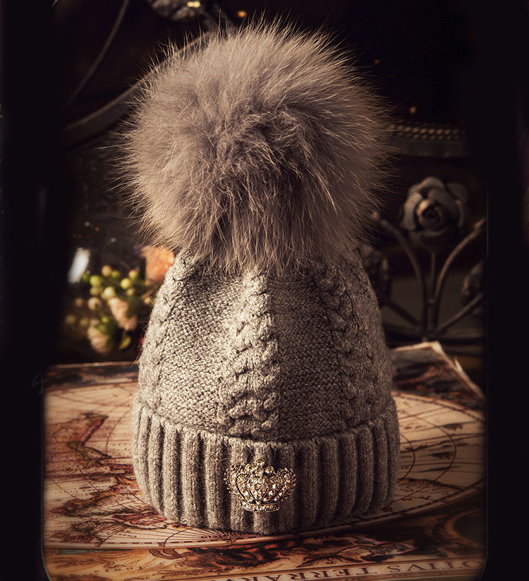 Luxury Women Diamond Crown Knitted Wool Hats Winter Large Fox Fur Pom Poms Caps - Deep Grey