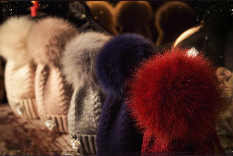 Luxury Women Diamond Crown Knitted Wool Hats Winter Large Fox Fur Pom Poms Caps - Deep Red
