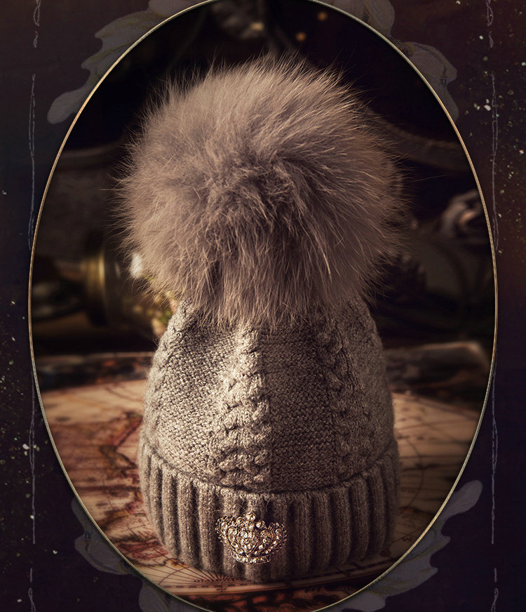 Luxury Women Diamond Crown Knitted Wool Hats Winter Large Fox Fur Pom Poms Caps - Grey
