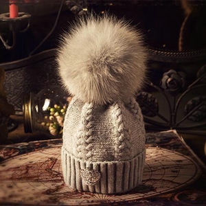 Luxury Women Diamond Crown Knitted Wool Hats Winter Large Fox Fur Pom Poms Caps - Grey