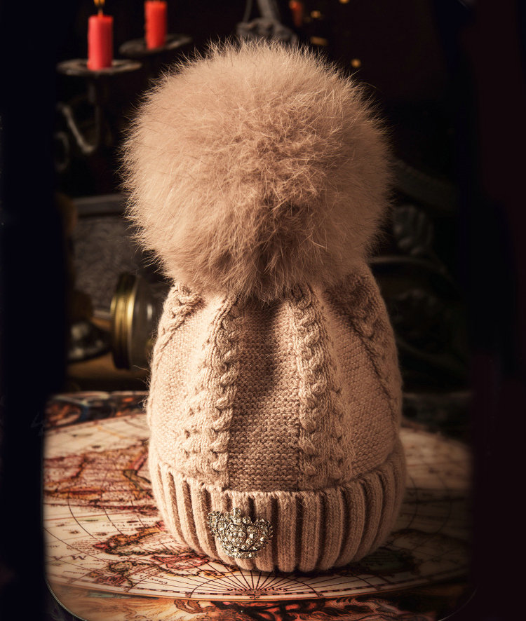 Luxury Women Diamond Crown Knitted Wool Hats Winter Large Fox Fur Pom Poms Caps - Pink Camel