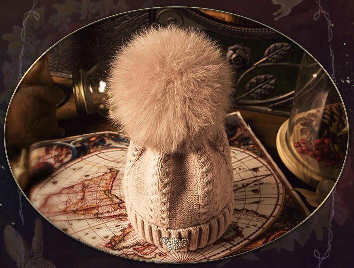 Luxury Women Diamond Crown Knitted Wool Hats Winter Large Fox Fur Pom Poms Caps - Pink Camel