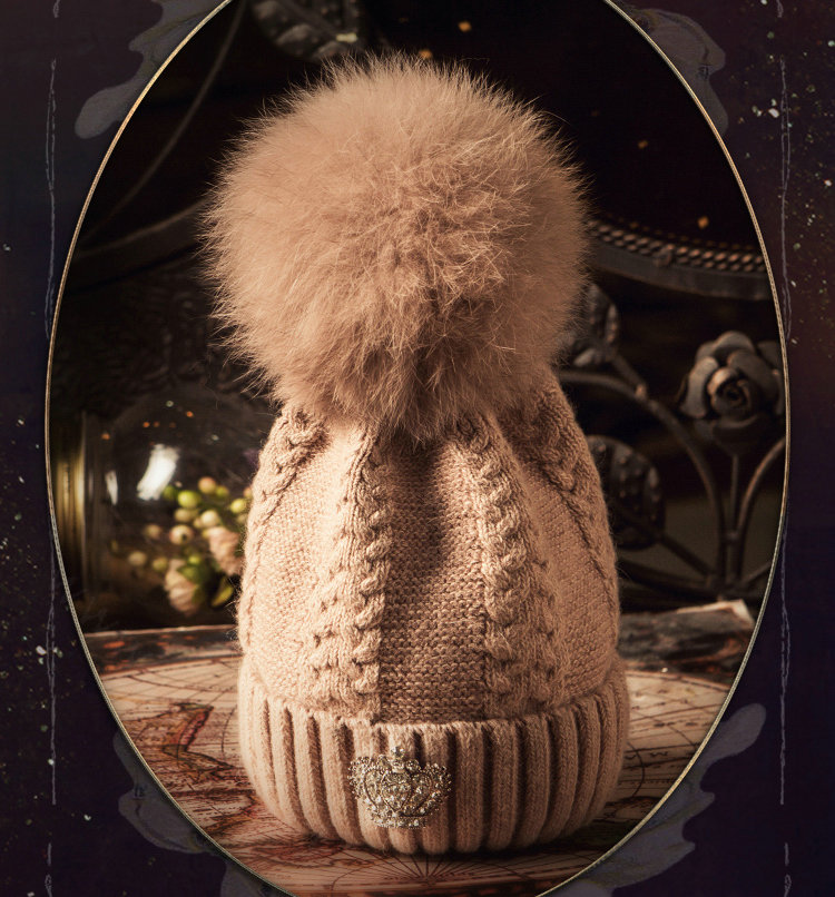 Luxury Women Diamond Crown Knitted Wool Hats Winter Large Fox Fur Pom Poms Caps - Pink Camel