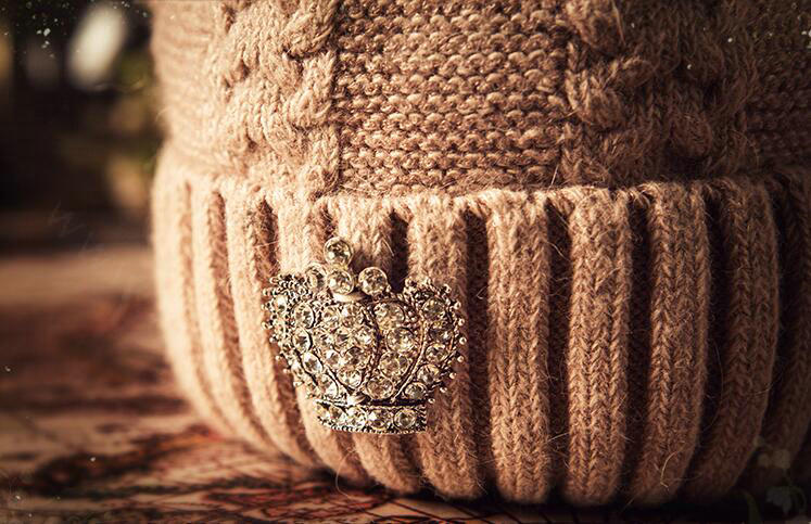 Luxury Women Diamond Crown Knitted Wool Hats Winter Large Fox Fur Pom Poms Caps - Pink Camel