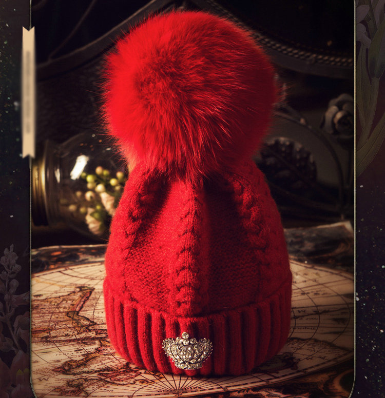 Luxury Women Diamond Crown Knitted Wool Hats Winter Large Fox Fur Pom Poms Caps - Red