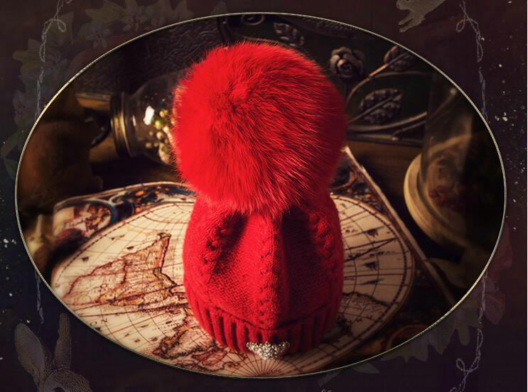 Luxury Women Diamond Crown Knitted Wool Hats Winter Large Fox Fur Pom Poms Caps - Red
