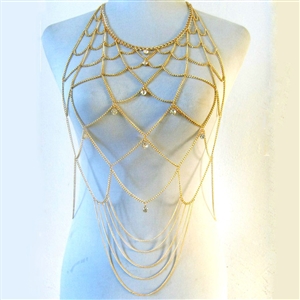 Multilayer Rhinestone Body Chain Punk Dinner Party Long Mesh Necklace Jewelry - Gold