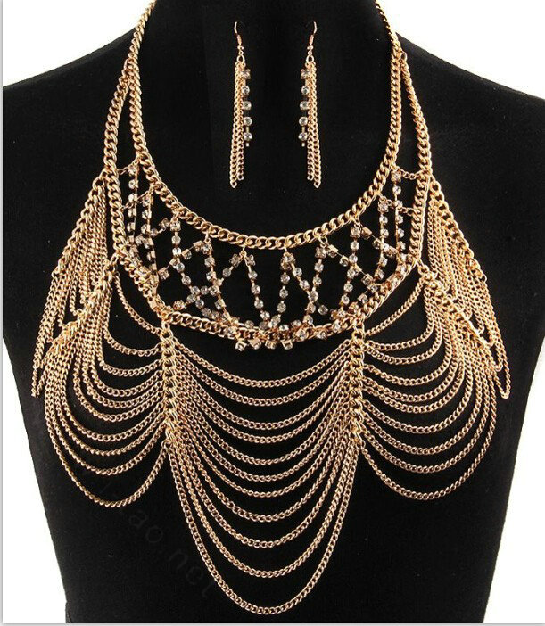 Multilayer Rhinestone Body Chain Punk Dinner Party Long Tassel Necklace Jewelry - Sliver