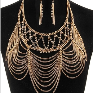 Multilayer Rhinestone Body Chain Punk Dinner Party Long Tassel Necklace Jewelry - Sliver