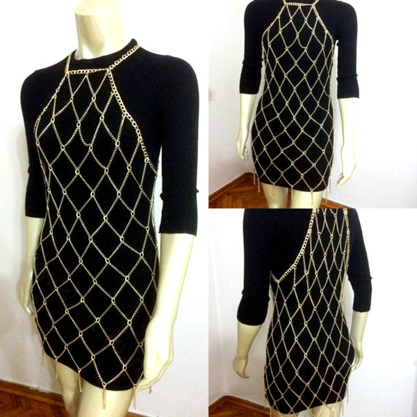 New Mesh Full Body Chain Long Metal Necklaces Bikini Waist Belly Dress Decro Jewelry - Gun black