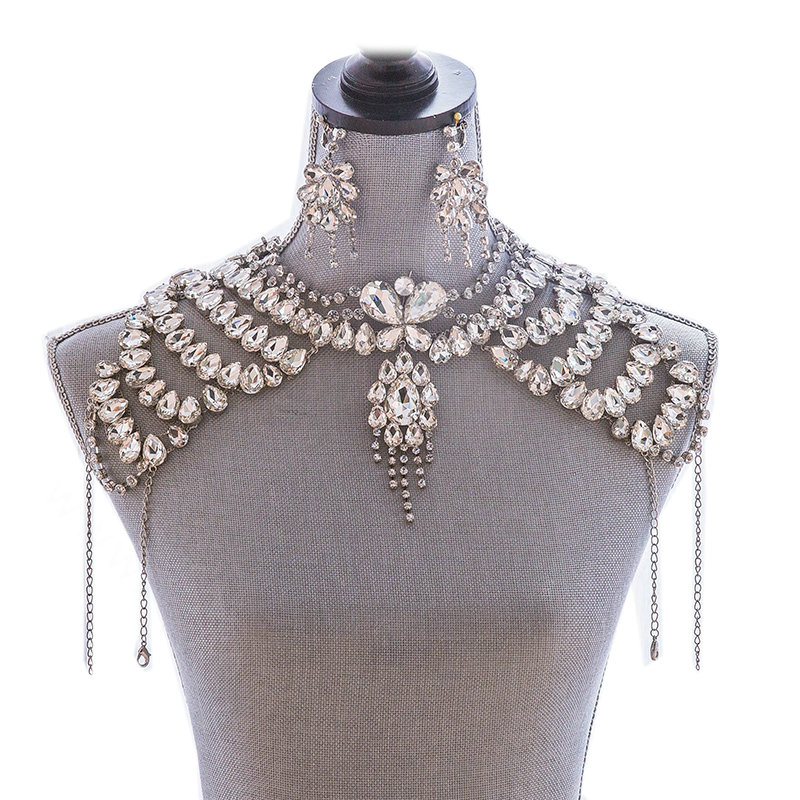 New Rhinestone Bridal Shoulder Chain Jewelry Luxury Wedding Stage Necklace - White