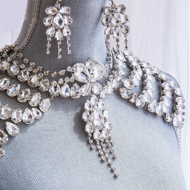 New Rhinestone Bridal Shoulder Chain Jewelry Luxury Wedding Stage Necklace - White