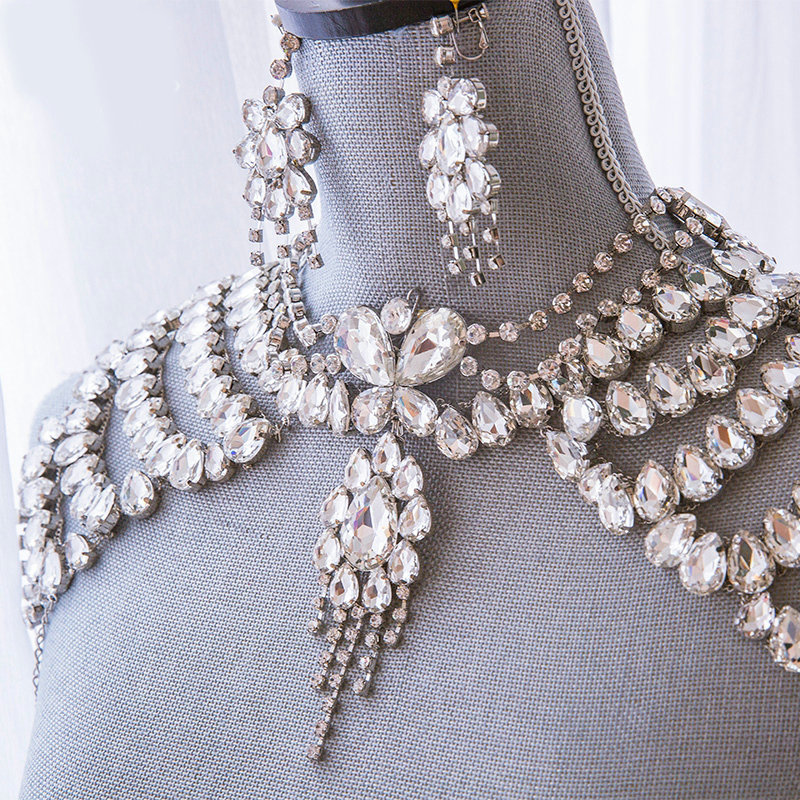New Rhinestone Bridal Shoulder Chain Jewelry Luxury Wedding Stage Necklace - White