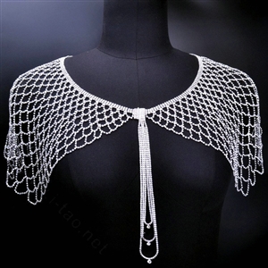 New Rhinestone Full Shoulder Chain Bridal Wedding Necklace Dress Decor Cape - White