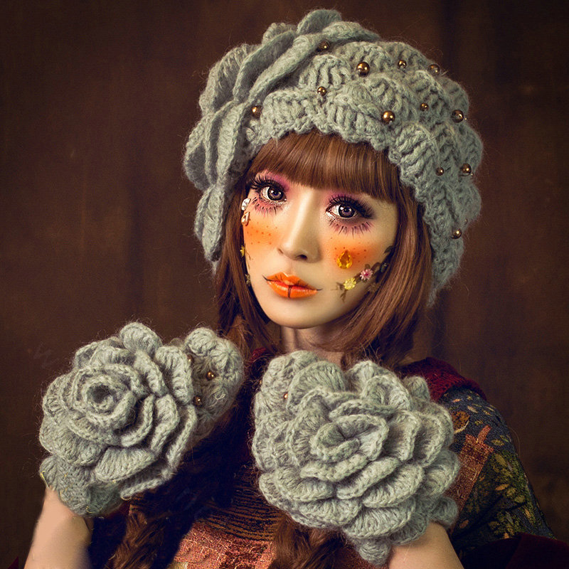 New Sweety Pearl Flower Knitted Wool Hats Girls Winter Warm Lace Beret Caps - Green