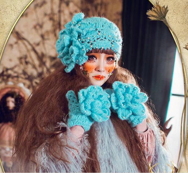 New Sweety Pearl Flower Knitted Wool Hats Girls Winter Warm Lace Beret Caps - Sky Blue