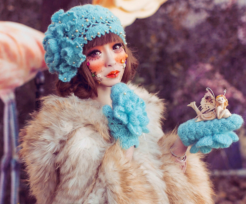 New Sweety Pearl Flower Knitted Wool Hats Girls Winter Warm Lace Beret Caps - Sky Blue
